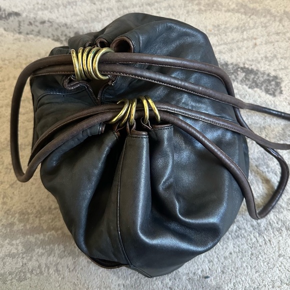 Kooba Black Leather Hobo Slouch Bag GUC Brass Rings Drawstring BIG! - Picture 12 of 15